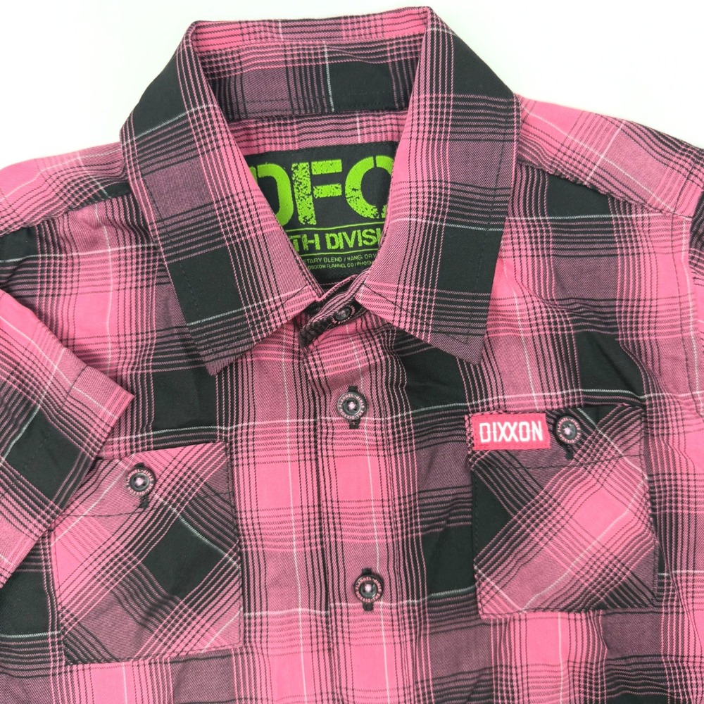 Dixxon Flannel Co Youth Small Pink Black Plaid Short Sleeve‎ D-Tech Button Shirt
